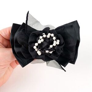Vintage hair bow clip black satin & organza with rosette, faux pearl